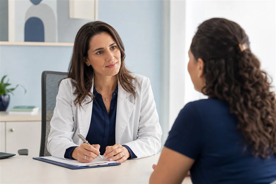 Cena ilustrativa de médica escutando uma paciente