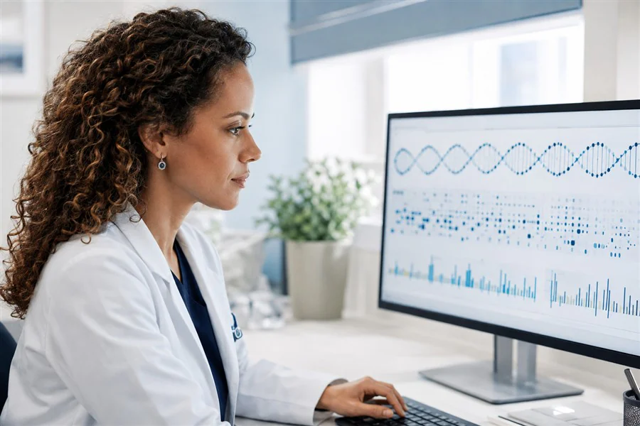 Cena ilustrativa de médica analisando resultados genéticos