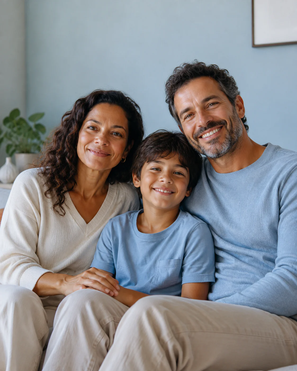 Pai, mãe e filho sorrindo juntos, imagem ilustrativa de uma família feliz